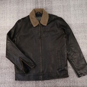 Aeropostale Mens Faux Leather Sherpa Collar Bomber Jacket Brown Distressed M
